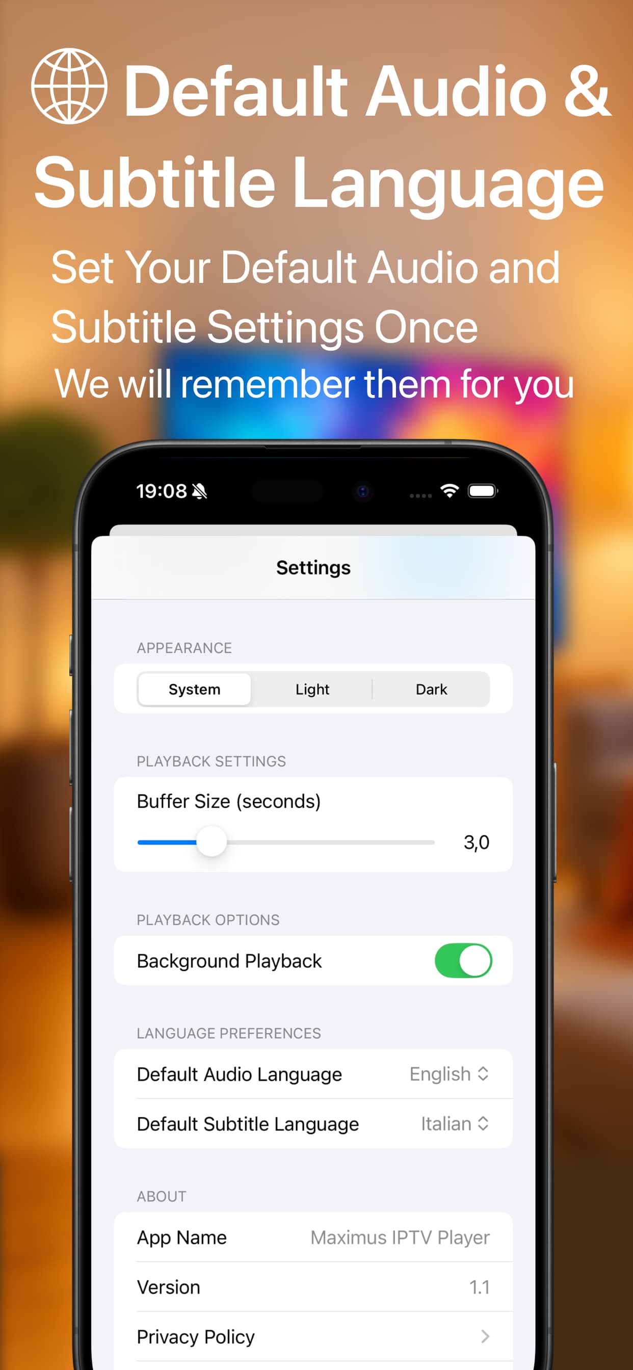 IPTV Stream Player App Interface Screenshot
